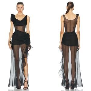 ALESSANDRA RICH Draped Evening Volant Silk Organza Sheer Ruffle Maxi Dress Sz 6